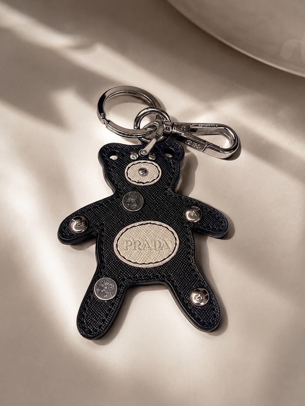 Authentic Prada Saffiano Leather Teddy Bear Bag Charm / Key Ring – Black & White